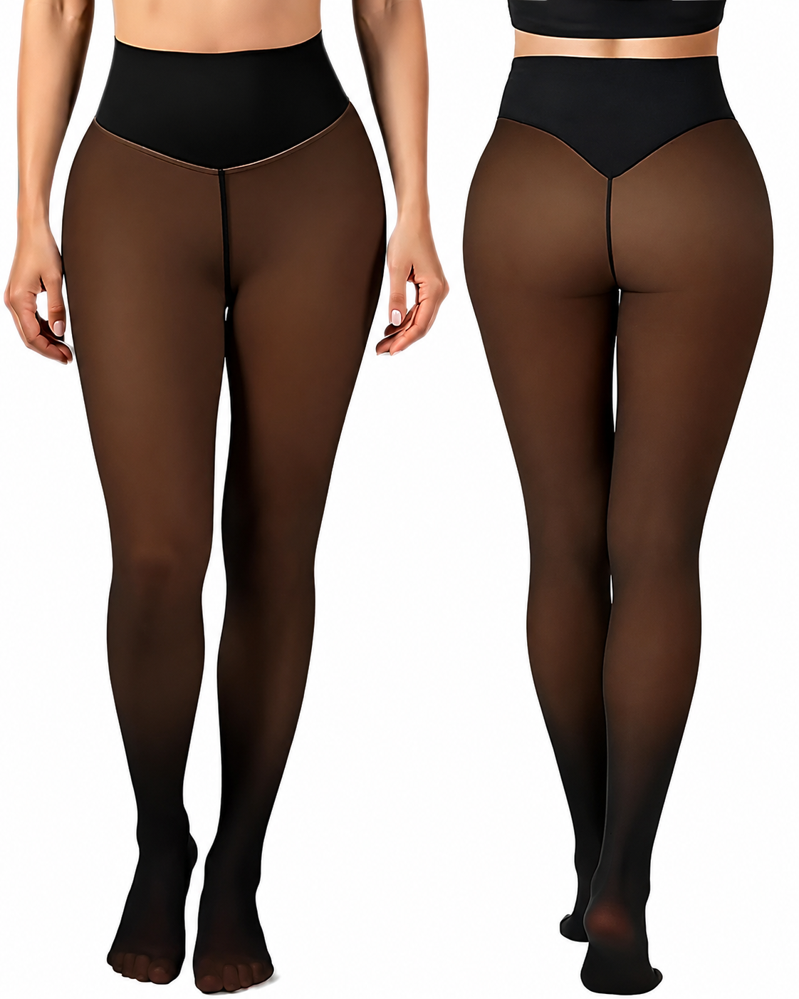 Two pairs of brown tights worn by models on a white background