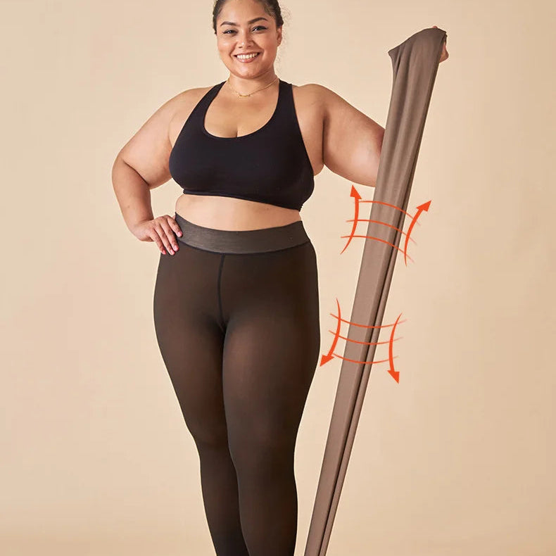Person wearing black tights with a measuring tape indicating elasticity on a beige background