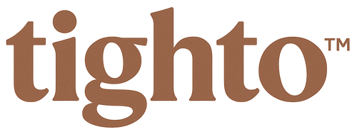 Brown 'tighto' logo on a beige background