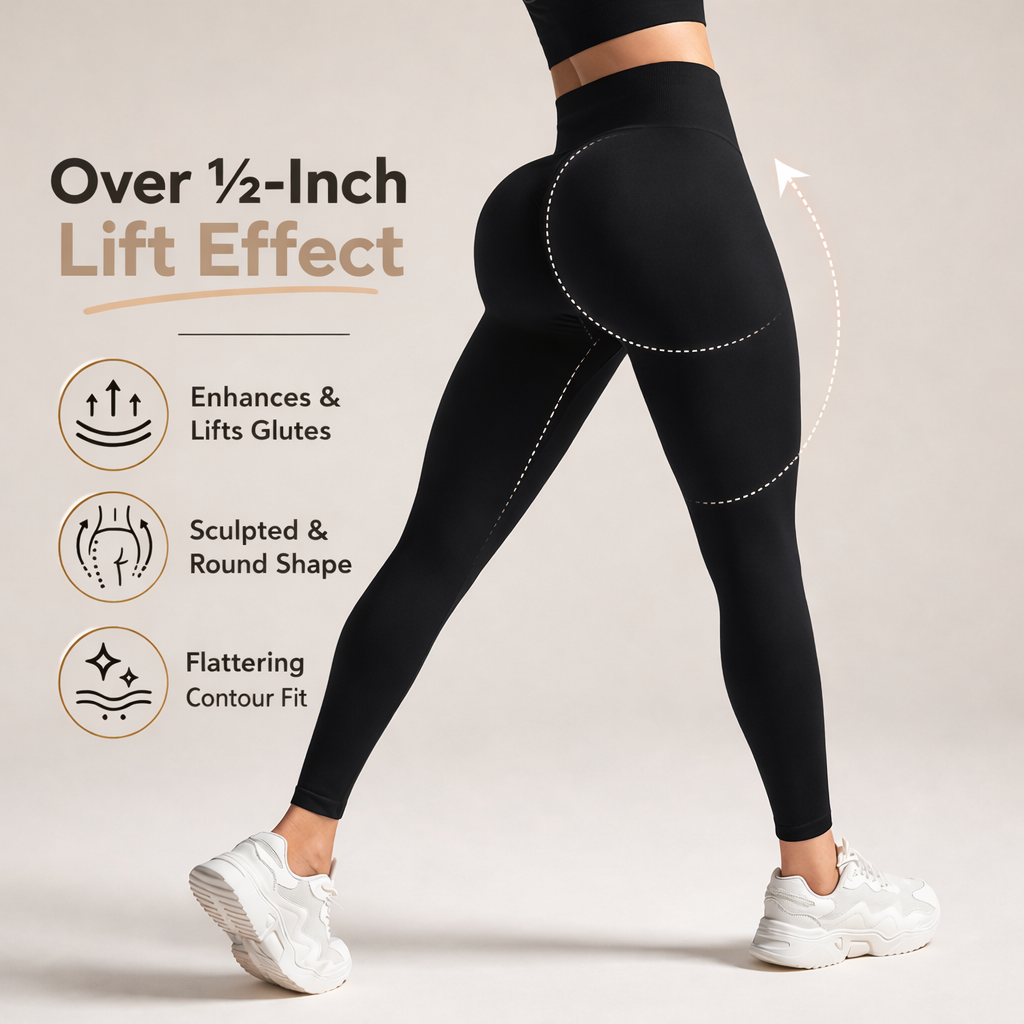 Black leggings with text highlighting lift effect on a light background