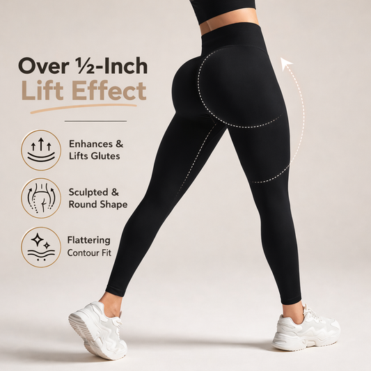 Black leggings with text highlighting lift effect on a light background