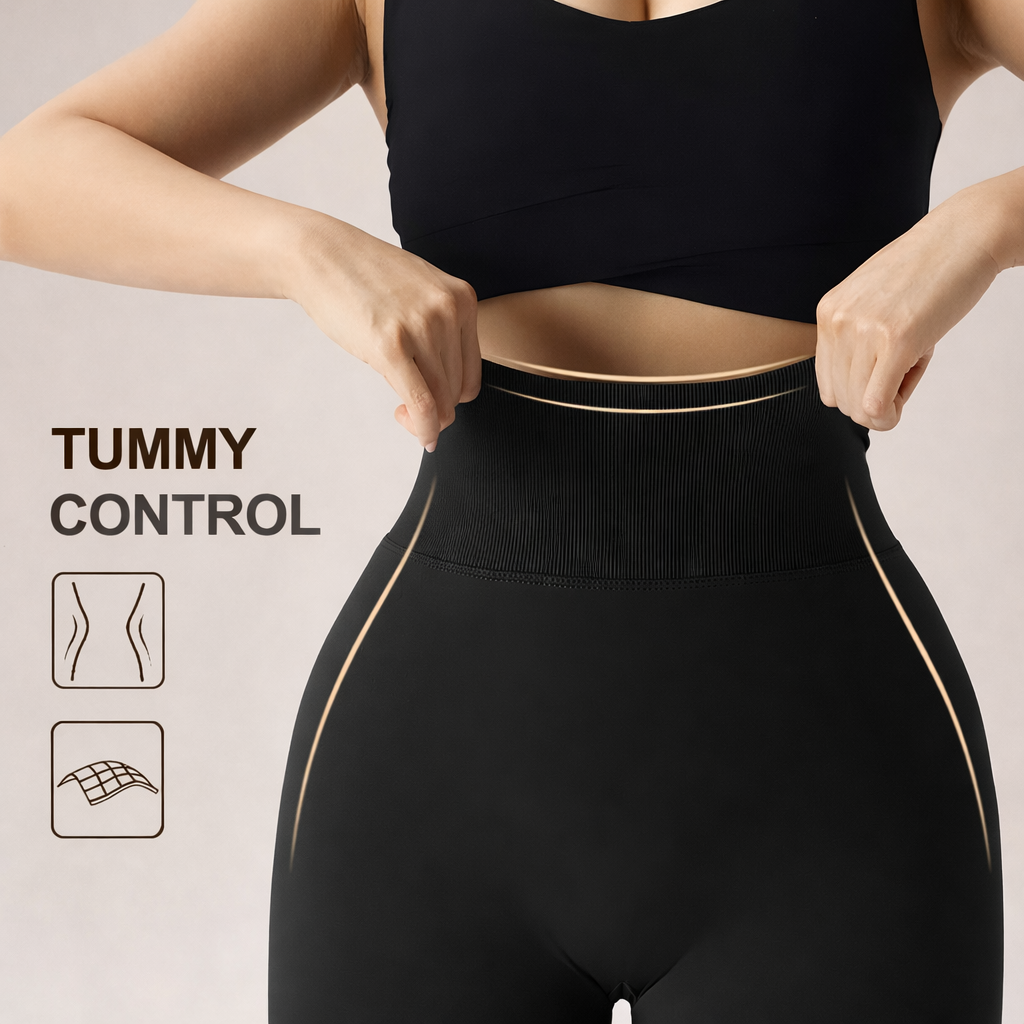 Person wearing black athletic wear with 'Tummy Control' text and icons on a beige background