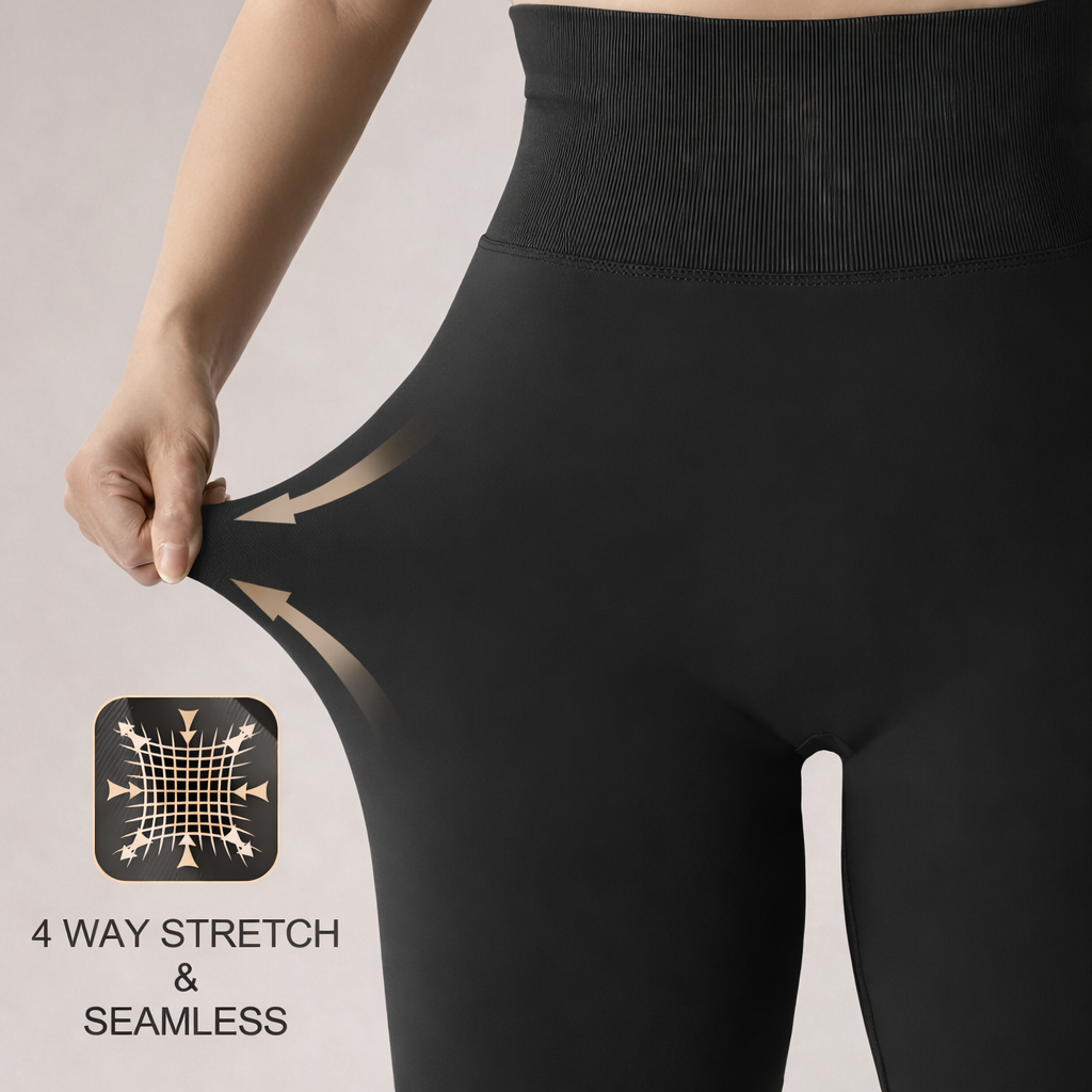 Black leggings with 4-way stretch and seamless design on a neutral background