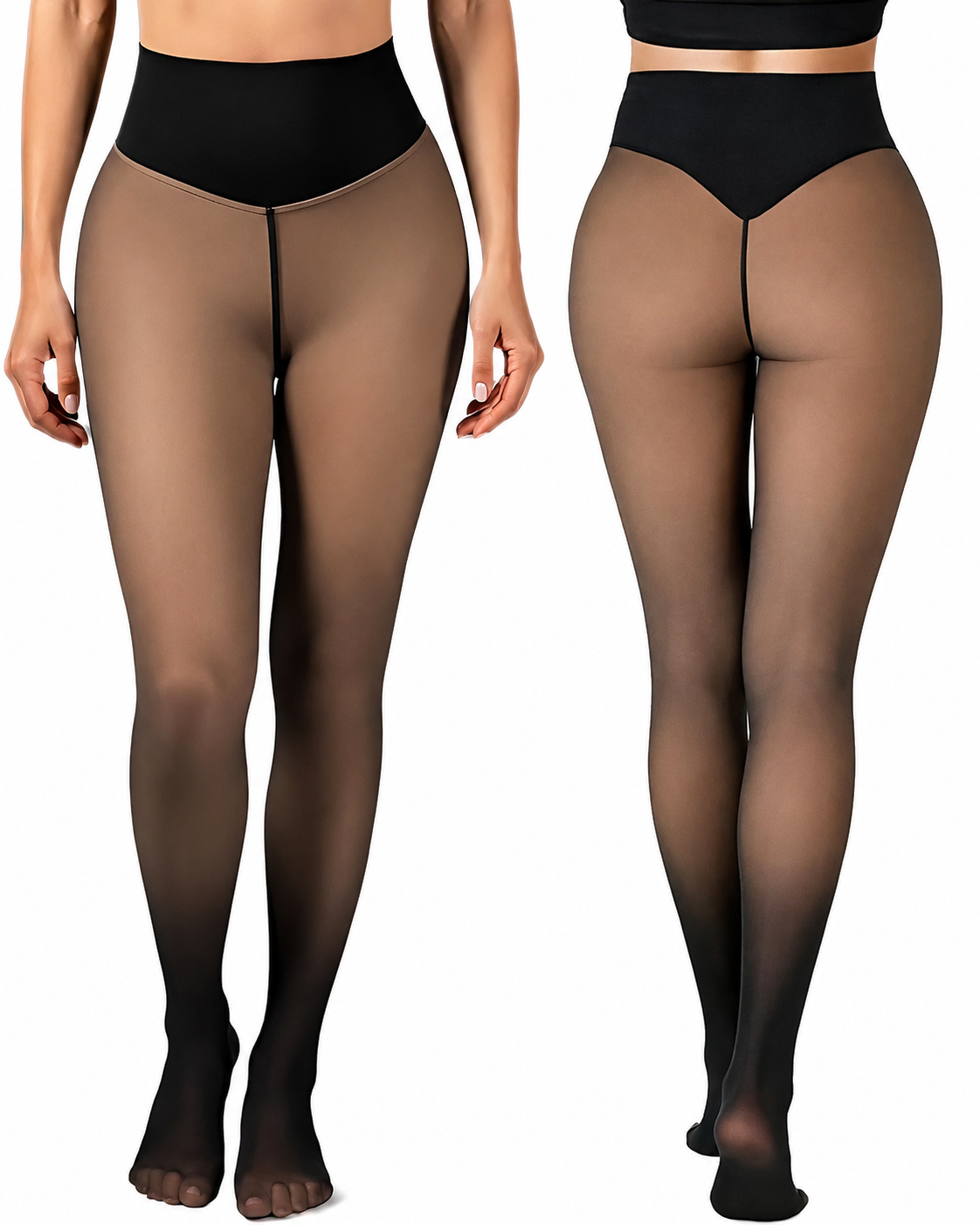 Two pairs of sheer tights in beige and black on a white background