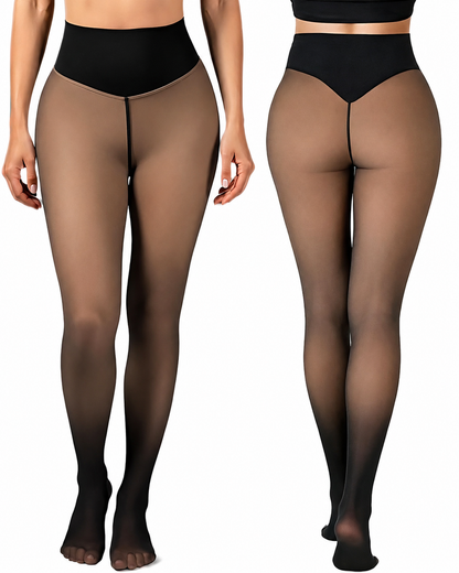 Two pairs of sheer tights in beige and black on a white background