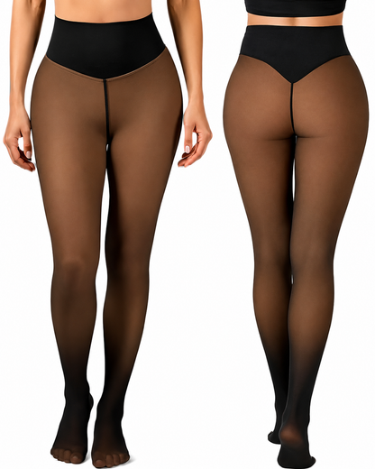 Brown tights worn by a model on a white background