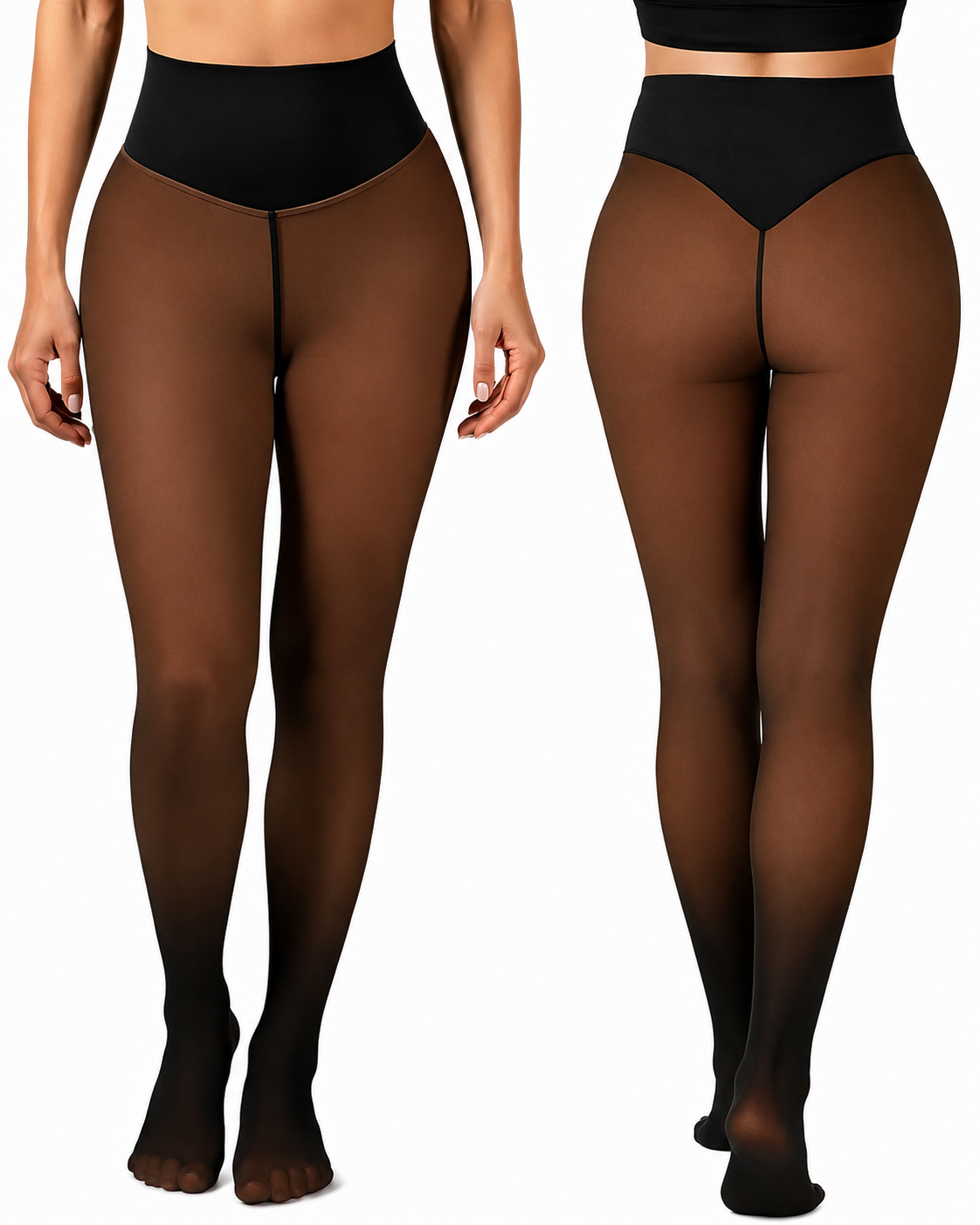Brown tights worn by a person on a white background