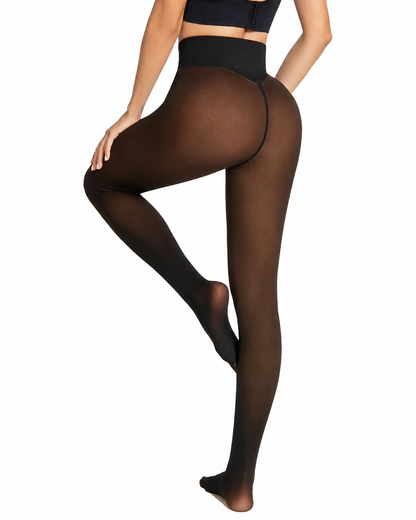 Black tights worn by a model on a white background