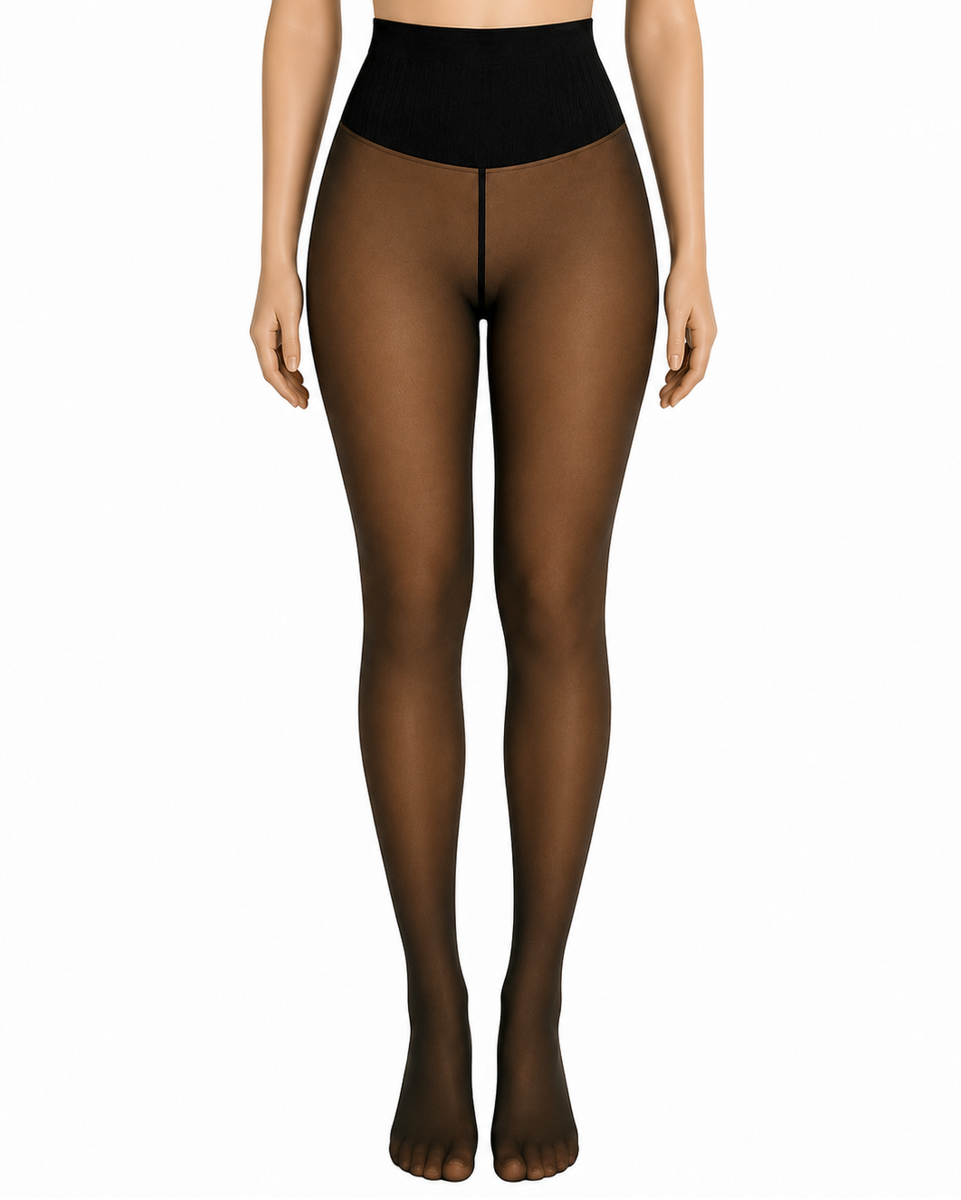 Brown sheer tights worn by a model on a white background
