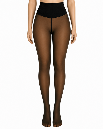 Brown sheer tights worn by a model on a white background