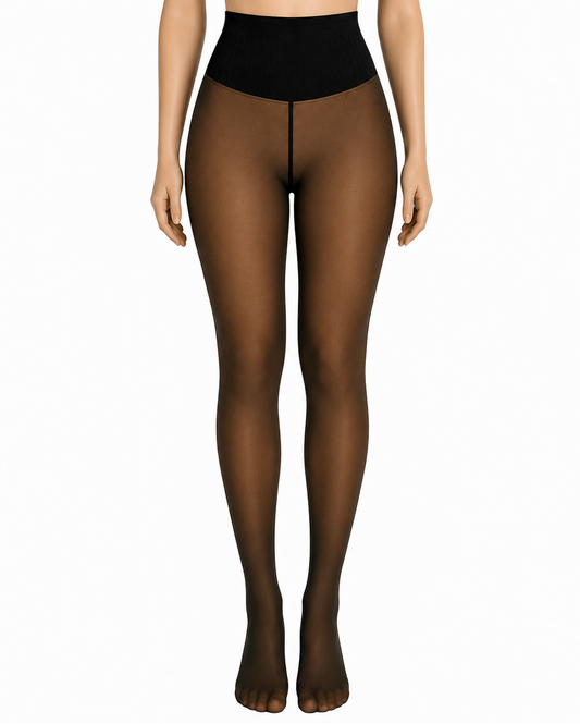 Brown sheer tights worn by a model on a white background
