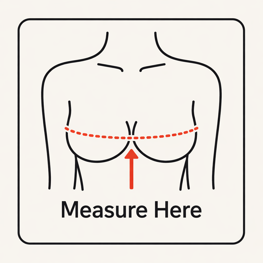 Diagram showing where to measure chest size with a red line and text 'Measure Here'.