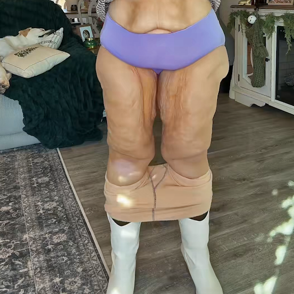 Person wearing a beige thong and purple underwear in a living room setting.