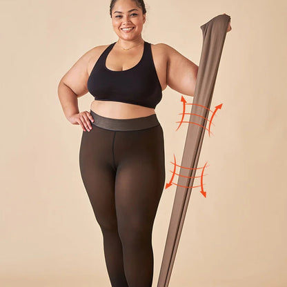 Person wearing black tights with a measuring tape indicating elasticity on a beige background