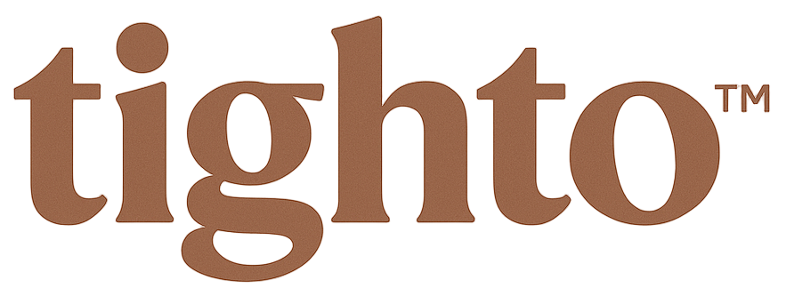 Brown 'tighto' logo on a beige background