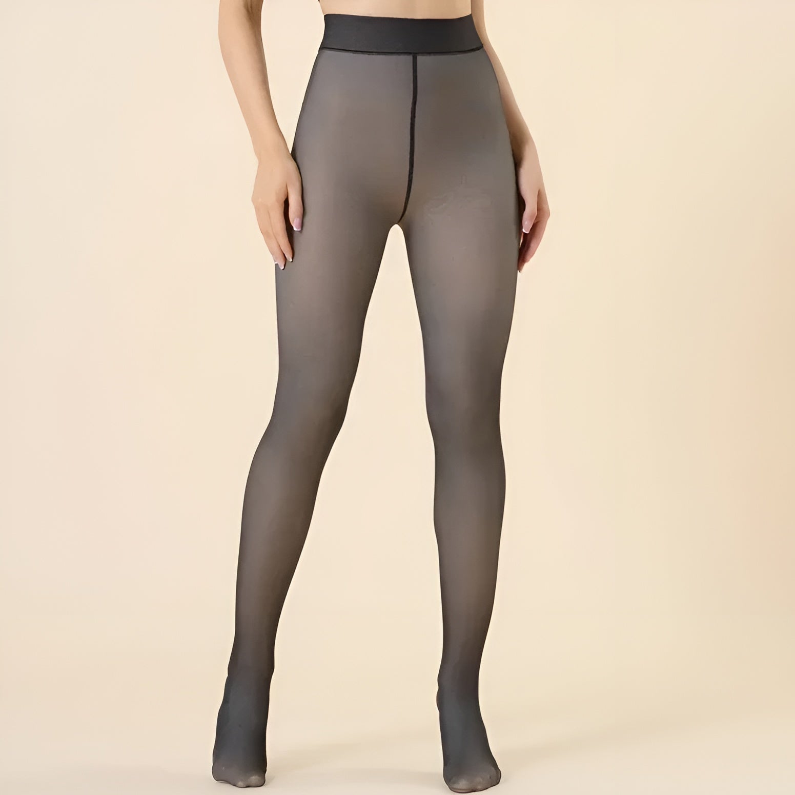 Black tights worn by a person on a beige background